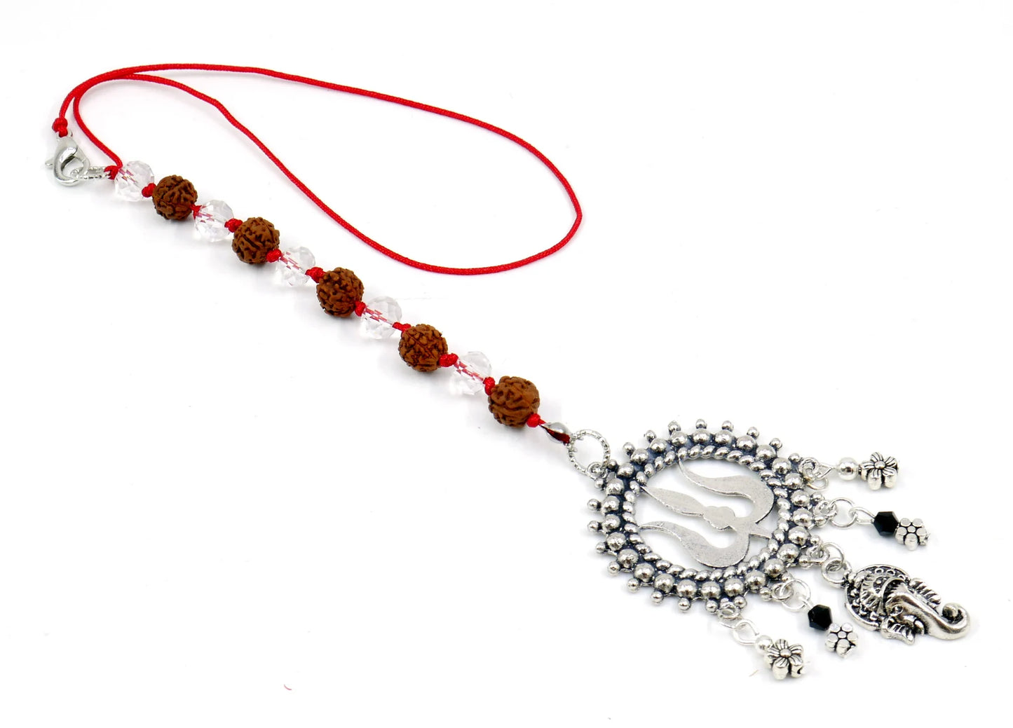 Lord Ganesha & Shiva Trishul Pendant Knotted Rudraksha Clear Crystal Hanging | Car Rearview Mirror Ornament | Good Luck | Positive Vibes
