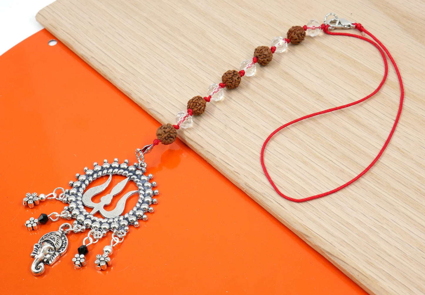 Lord Ganesha & Shiva Trishul Pendant Knotted Rudraksha Clear Crystal Hanging | Car Rearview Mirror Ornament | Good Luck | Positive Vibes