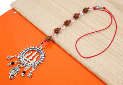 Lord Ganesha & Shiva Trishul Pendant Knotted Rudraksha Clear Crystal Hanging | Car Rearview Mirror Ornament | Good Luck | Positive Vibes