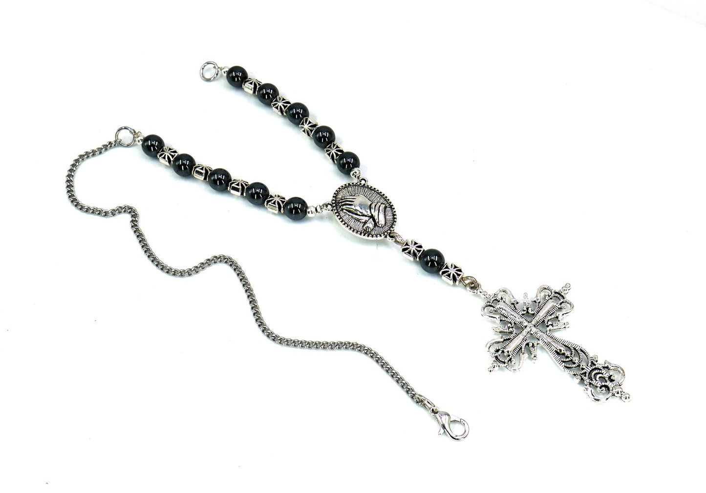 Holy Cross Pendant | Hematite Beads | Evil Eye Protection | Antique Silver Plated | Car Rearview Mirror Ornament | Blessings | Faith | Hope