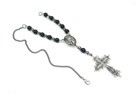 Holy Cross Pendant | Hematite Beads | Evil Eye Protection | Antique Silver Plated | Car Rearview Mirror Ornament | Blessings | Faith | Hope