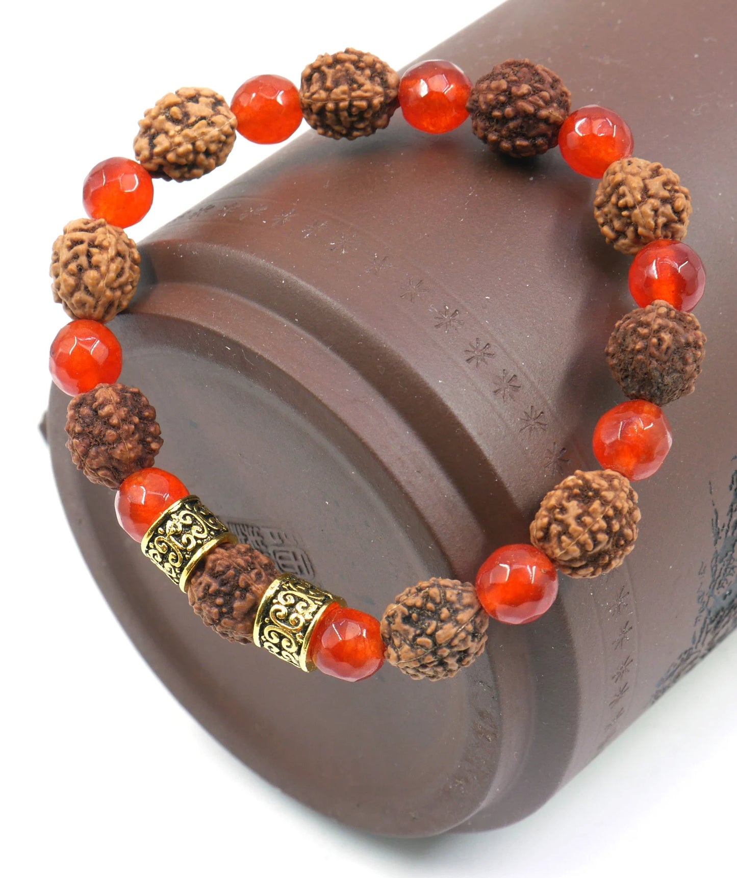 Rudraksha | Agate Stone | 5 Face Rudraksha & 8mm Agate Beads Stretchable Bracelet for Unisex | Sacral Chakra Healing