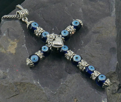 Holy Cross Pendant | Blue Glass Beads | Evil Eye Protection | Car Rearview Mirror Ornament | Blessings | Hope Faith Believe Protection |