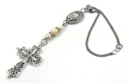 Holy Cross Pendant | Natural Howlite Healing Stone Beads Cross | Silver Plated | Car Rearview Mirror Ornament | Blessings & Peace | Faith