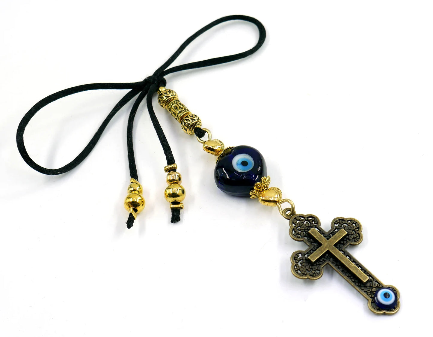Holy Cross Pendant | Blue Glass Beads | Evil Eye Protection | Antique Gold Plated | Car Rearview Mirror Ornament | Blessings | Faith | Hope