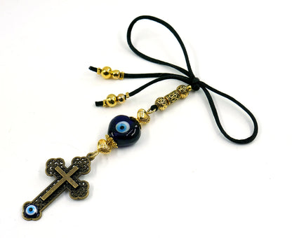 Holy Cross Pendant | Blue Glass Beads | Evil Eye Protection | Antique Gold Plated | Car Rearview Mirror Ornament | Blessings | Faith | Hope