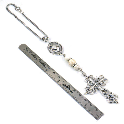 Holy Cross Pendant | Natural Howlite Healing Stone Beads Cross | Silver Plated | Car Rearview Mirror Ornament | Blessings & Peace | Faith