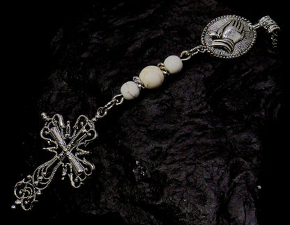 Holy Cross Pendant | Natural Howlite Healing Stone Beads Cross | Silver Plated | Car Rearview Mirror Ornament | Blessings & Peace | Faith
