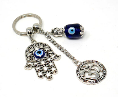 Hamsa Hand, Om Buddha & Hamsa Evil Eye Protection Key Ring, Hand of God Protection Key Ring