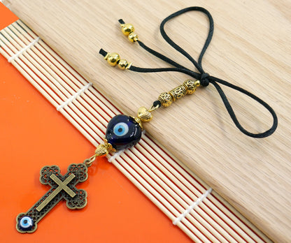 Holy Cross Pendant | Blue Glass Beads | Evil Eye Protection | Antique Gold Plated | Car Rearview Mirror Ornament | Blessings | Faith | Hope