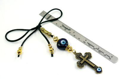 Holy Cross Pendant | Blue Glass Beads | Evil Eye Protection | Antique Gold Plated | Car Rearview Mirror Ornament | Blessings | Faith | Hope