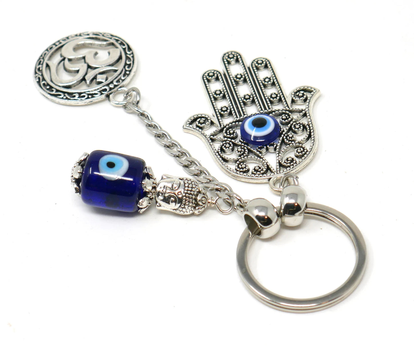Hamsa Hand, Om Buddha & Hamsa Evil Eye Protection Key Ring, Hand of God Protection Key Ring