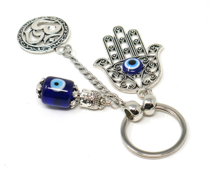 Hamsa Hand, Om Buddha & Hamsa Evil Eye Protection Key Ring, Hand of God Protection Key Ring