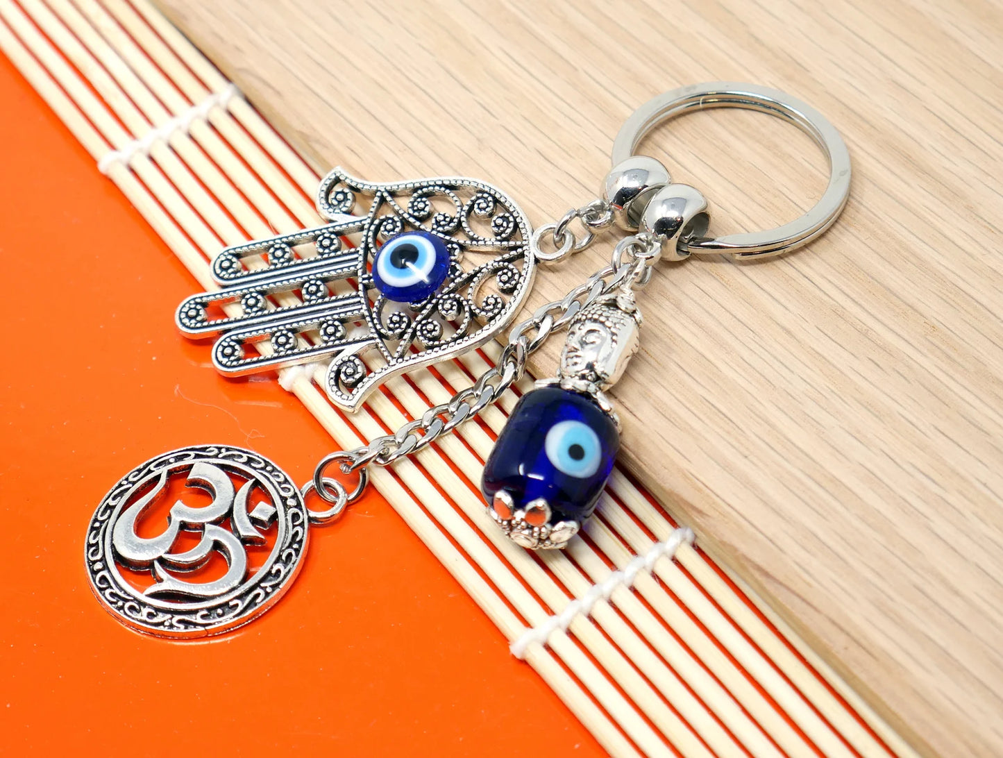 Hamsa Hand, Om Buddha & Hamsa Evil Eye Protection Key Ring, Hand of God Protection Key Ring