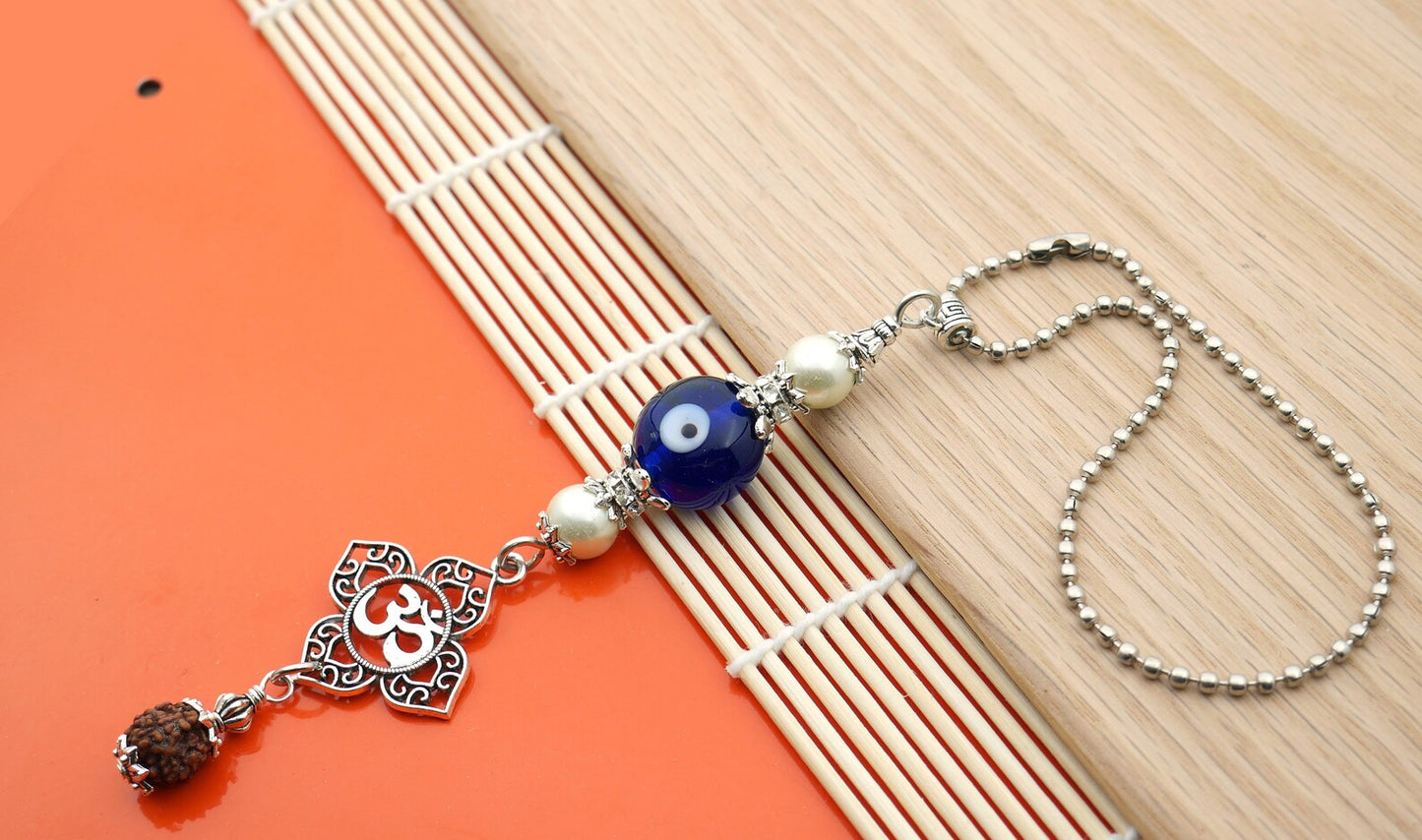 OM & Lord Shiva Evil Eye Protection Car Rear View Mirror Ornament-Evil Eye Protection Handbag Hanging-Good Luck and Protection Car Charms