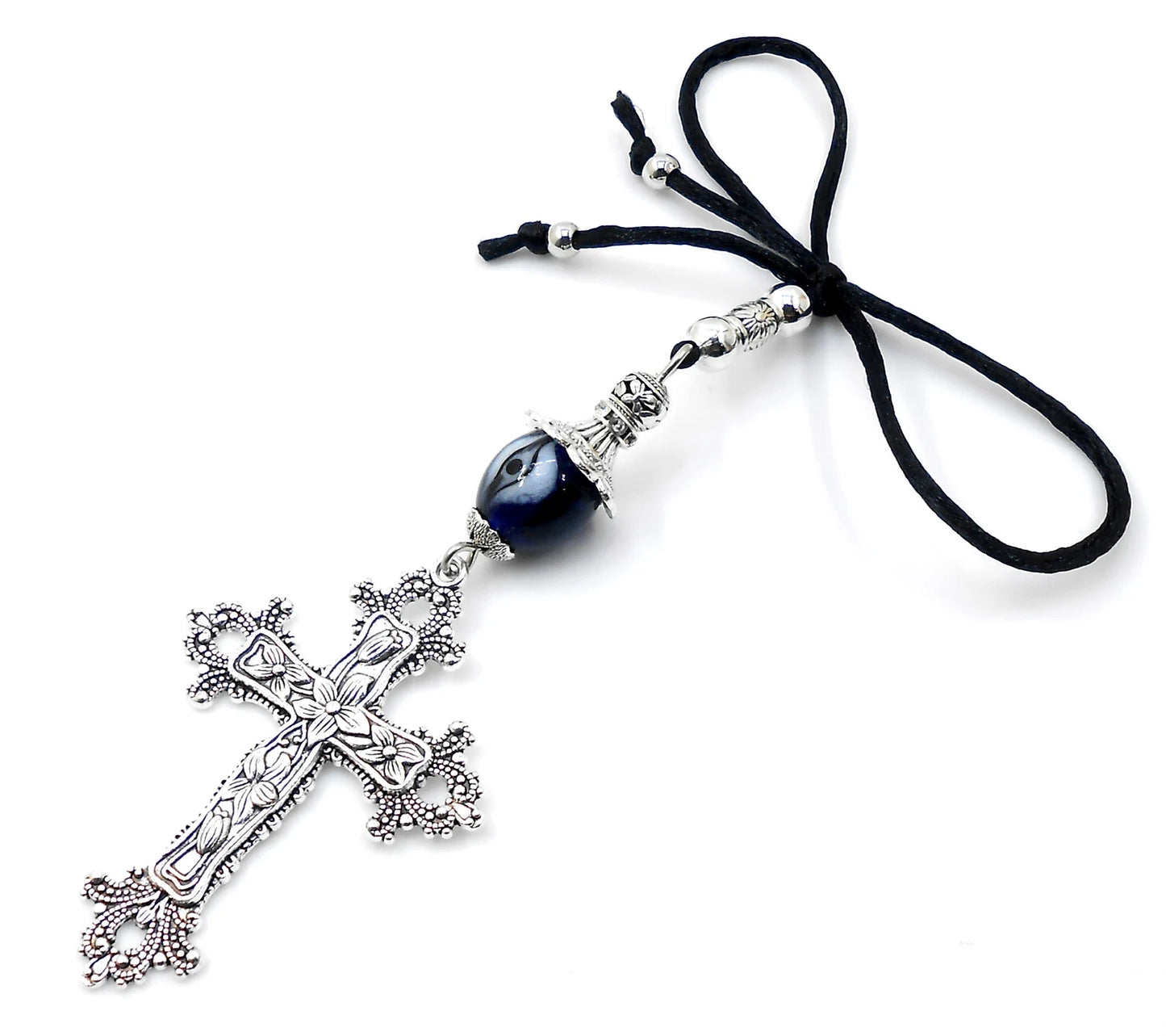 Holy Cross Pendant | Blue Glass Beads | Evil Eye Protection | Car Rearview Mirror Ornament | Blessings | Hope Faith Believe Protection |