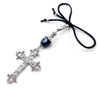 Holy Cross Pendant | Blue Glass Beads | Evil Eye Protection | Car Rearview Mirror Ornament | Blessings | Hope Faith Believe Protection |