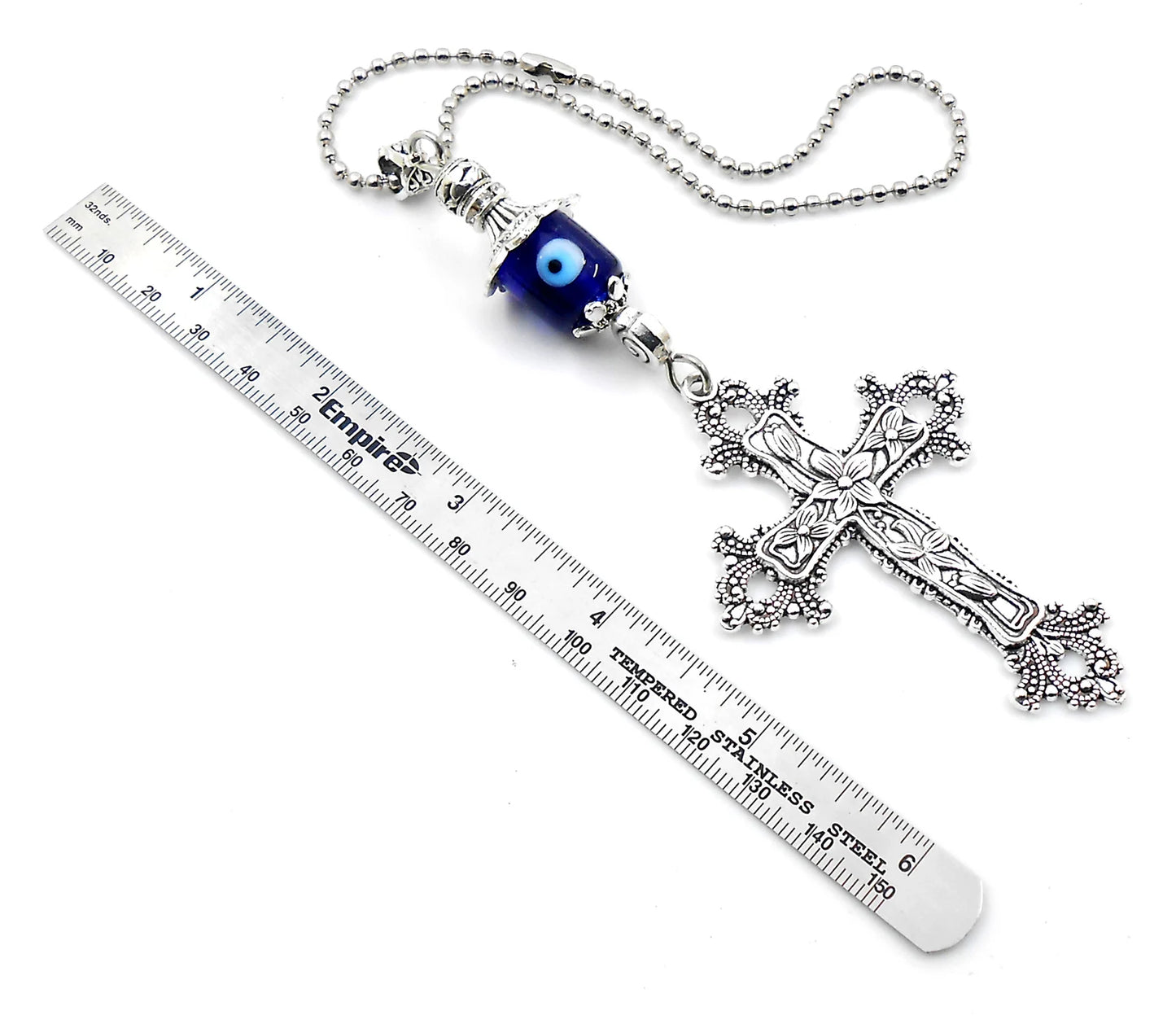 Holy Cross Pendant | Blue Glass Beads | Evil Eye Protection | Car Rearview Mirror Ornament | Blessings | Hope Faith Believe Protection |