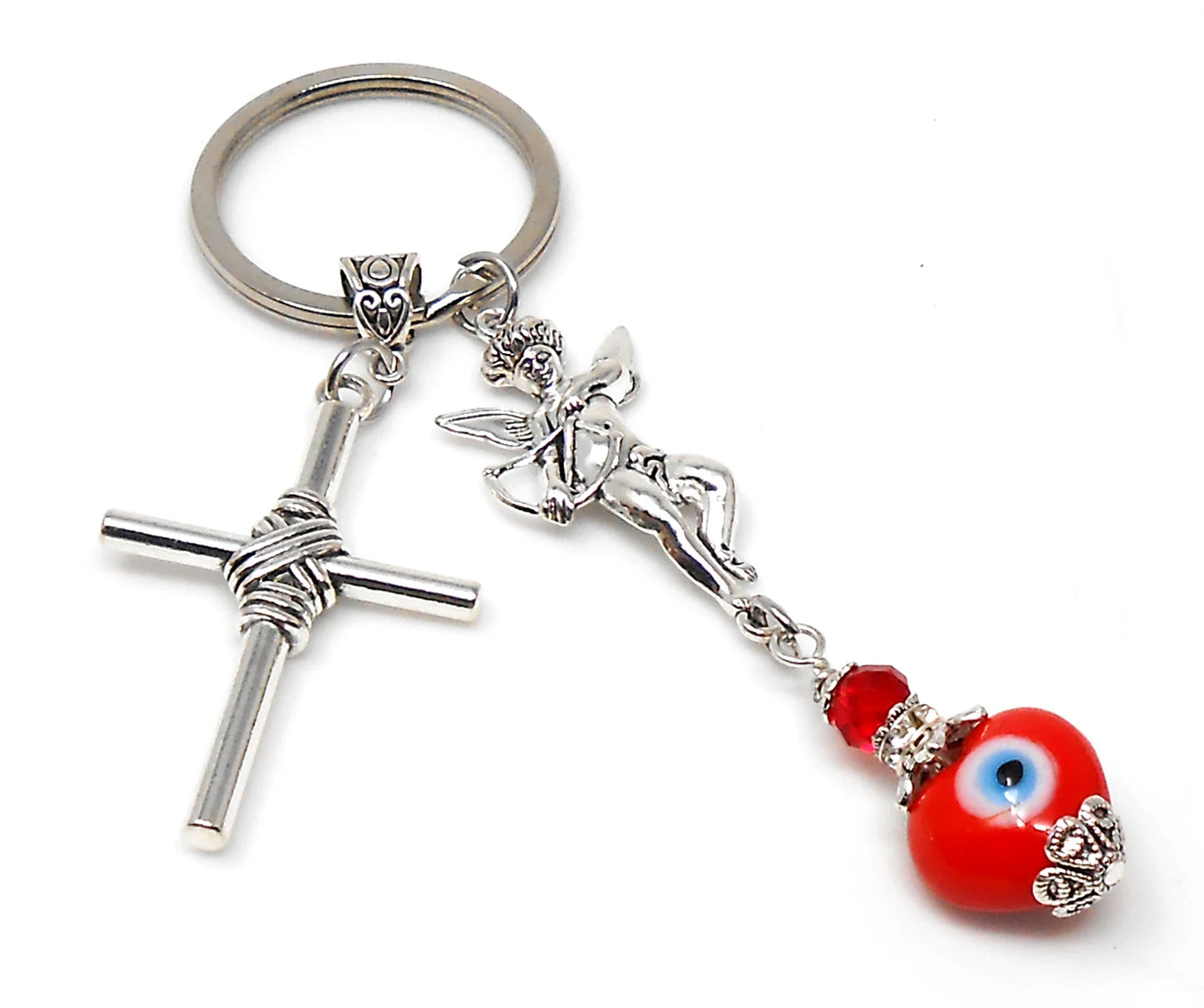 Cross Key Chain | Holy Cross Pendant | Blue Glass Beads | Evil Eye Protection | Cross Key Ring for Protecion | Blessings | Faith | Hope