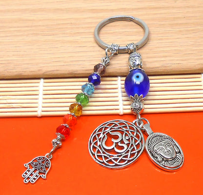 Seven Chakra, Evil Eye protection Buddha & Tree of Life Key Chain/Key Ring ,7 Chakra Healing Energy Key Ring,First Car Gift, Yoga Lover Gift