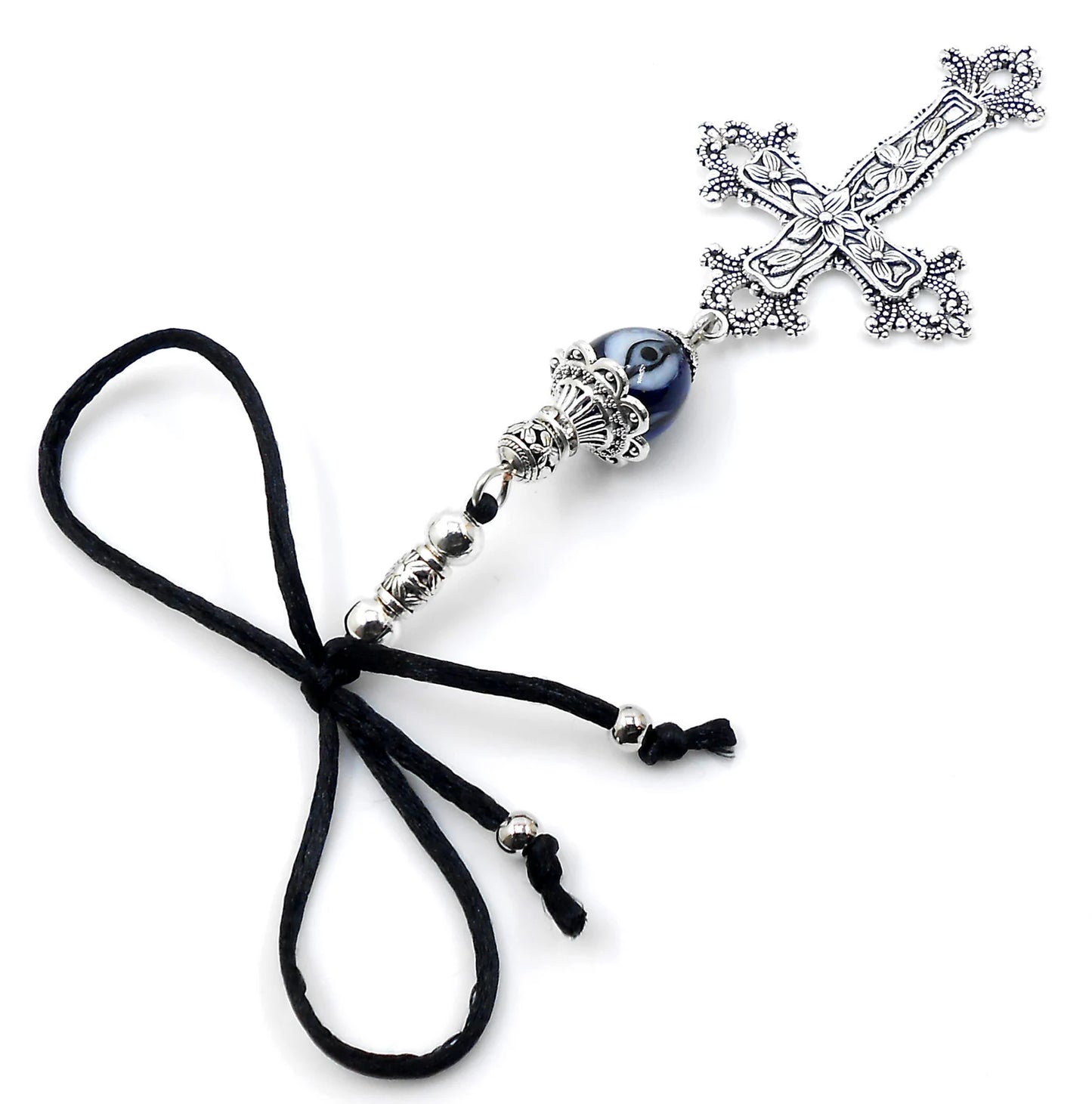 Holy Cross Pendant | Blue Glass Beads | Evil Eye Protection | Car Rearview Mirror Ornament | Blessings | Hope Faith Believe Protection |