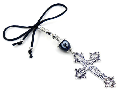 Holy Cross Pendant | Blue Glass Beads | Evil Eye Protection | Car Rearview Mirror Ornament | Blessings | Hope Faith Believe Protection |