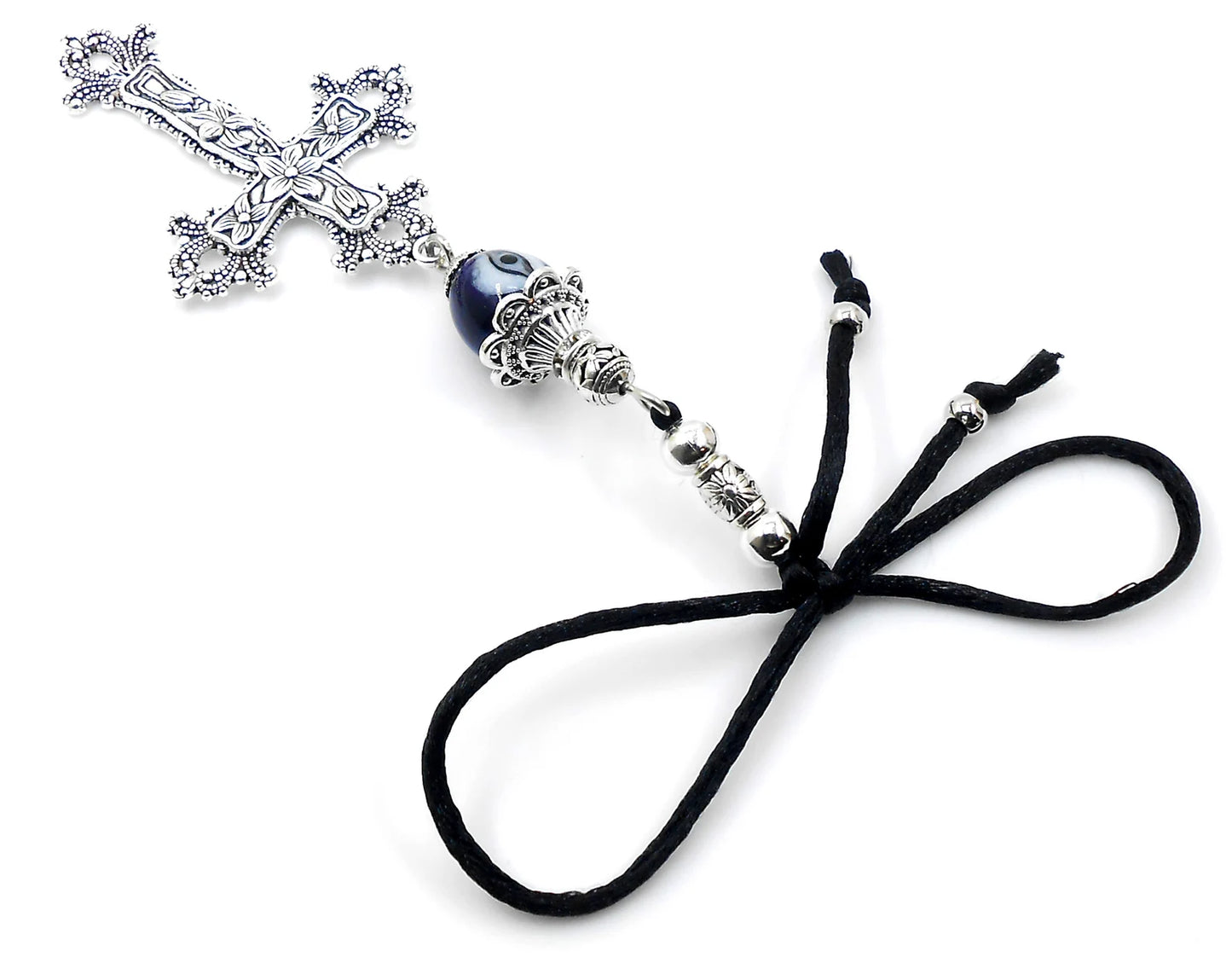 Holy Cross Pendant | Blue Glass Beads | Evil Eye Protection | Car Rearview Mirror Ornament | Blessings | Hope Faith Believe Protection |