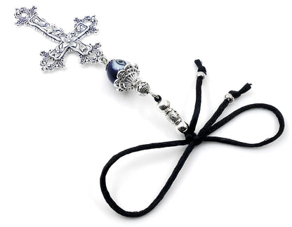 Holy Cross Pendant | Blue Glass Beads | Evil Eye Protection | Car Rearview Mirror Ornament | Blessings | Hope Faith Believe Protection |