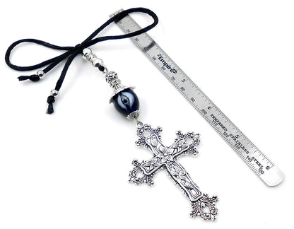 Holy Cross Pendant | Blue Glass Beads | Evil Eye Protection | Car Rearview Mirror Ornament | Blessings | Hope Faith Believe Protection |