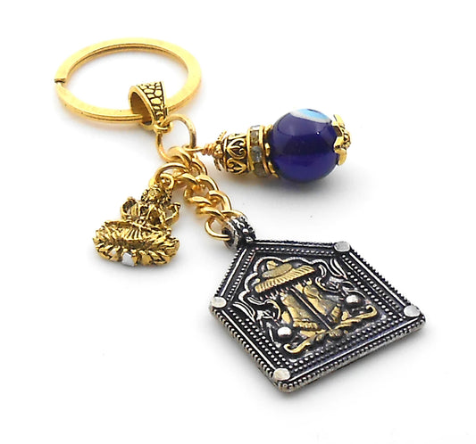Evil Eye Protection, Spiritual Goddess Charan Paduka Pendant & Maa Laxmi Charm Key Ring, Hindu Goddess of Wealth Lakshmi Holy Charan Paduka