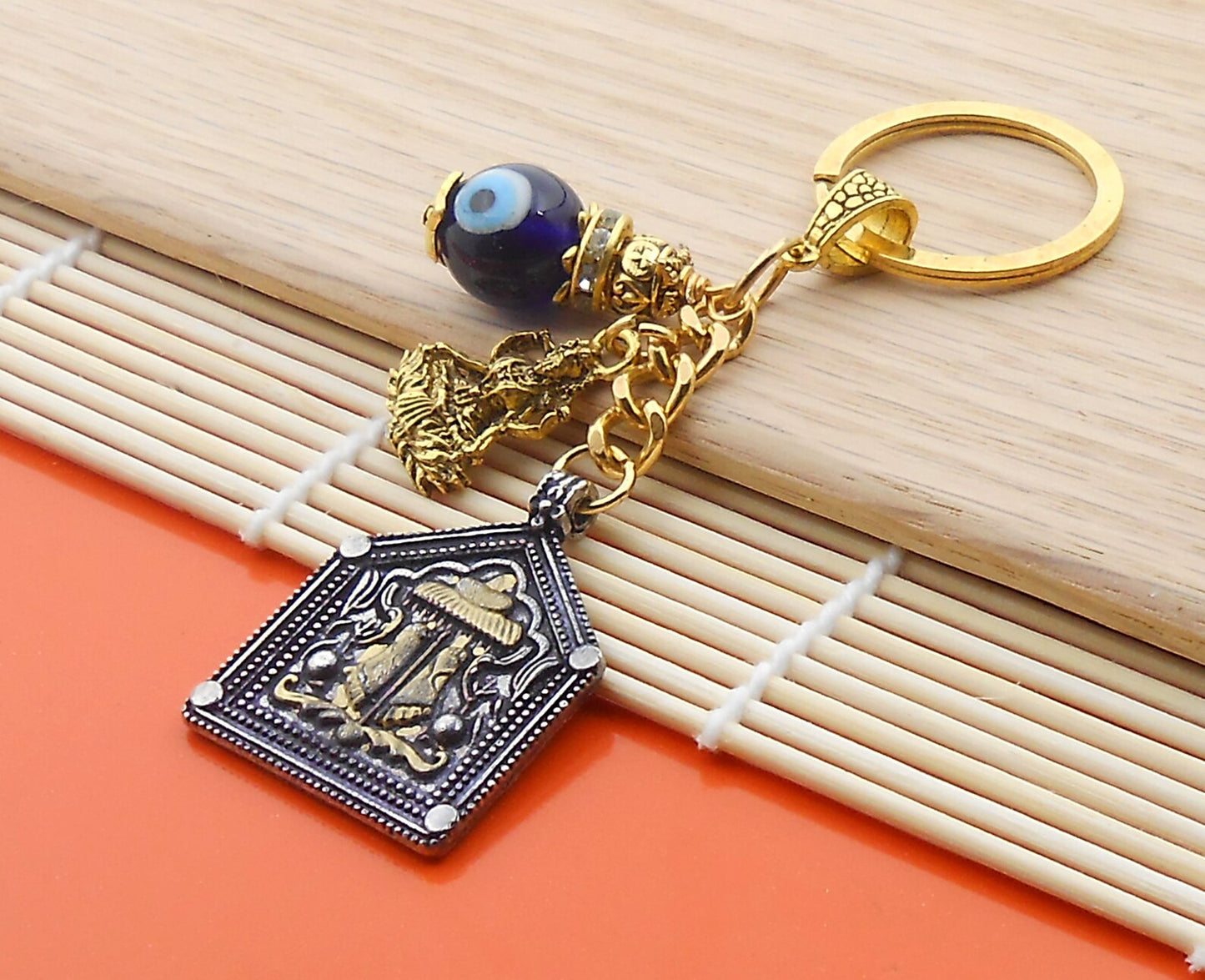 Evil Eye Protection, Spiritual Goddess Charan Paduka Pendant & Maa Laxmi Charm Key Ring, Hindu Goddess of Wealth Lakshmi Holy Charan Paduka