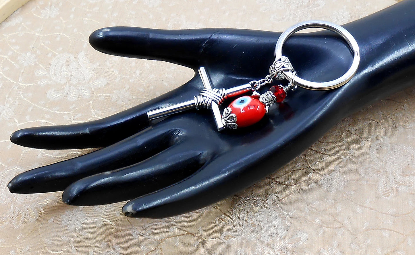 Cross Key Chain | Holy Cross Pendant | Blue Glass Beads | Evil Eye Protection | Cross Key Ring for Protecion | Blessings | Faith | Hope