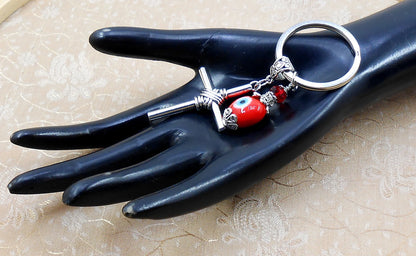 Cross Key Chain | Holy Cross Pendant | Blue Glass Beads | Evil Eye Protection | Cross Key Ring for Protecion | Blessings | Faith | Hope