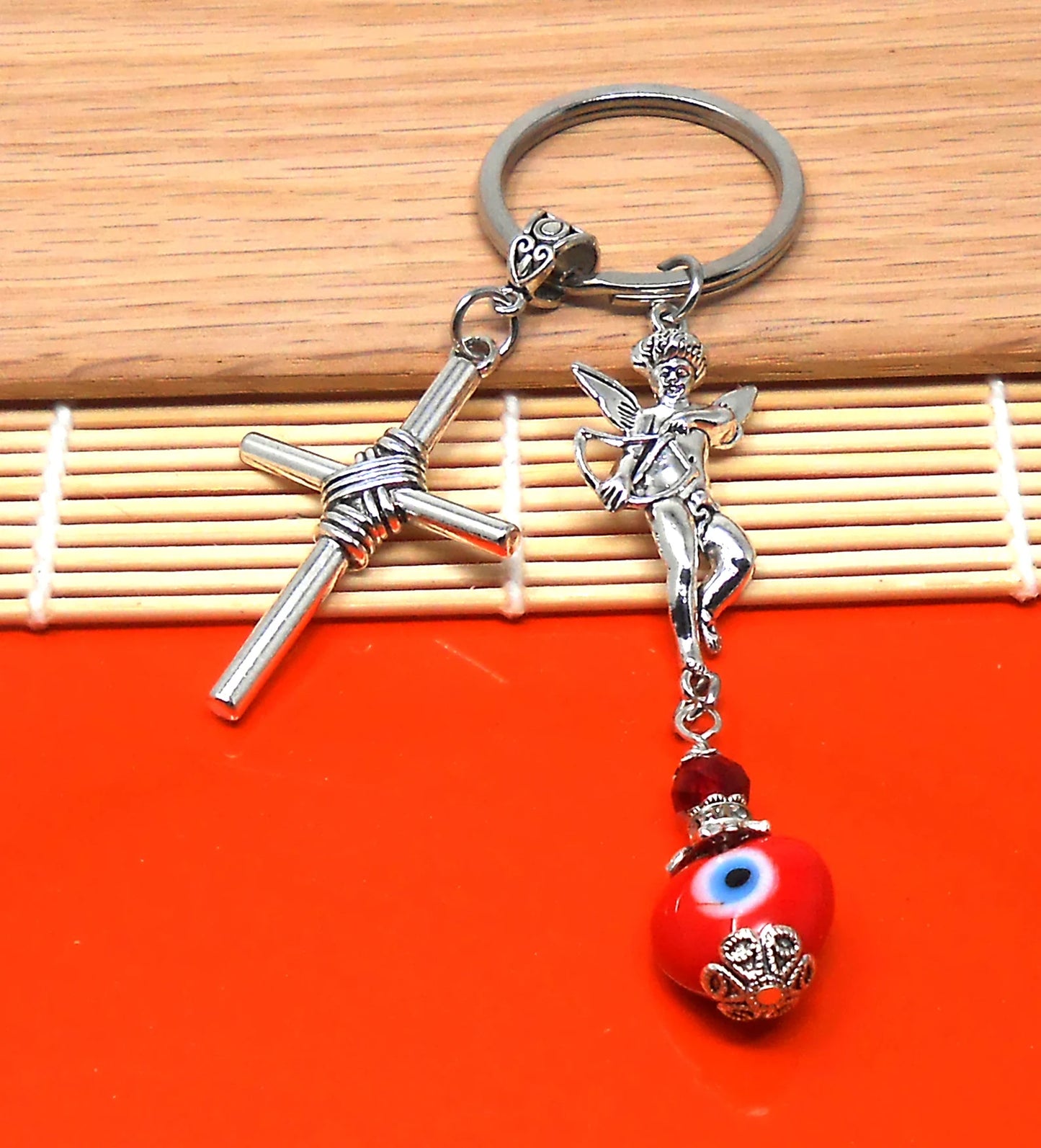 Cross Key Chain | Holy Cross Pendant | Blue Glass Beads | Evil Eye Protection | Cross Key Ring for Protecion | Blessings | Faith | Hope
