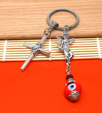 Cross Key Chain | Holy Cross Pendant | Blue Glass Beads | Evil Eye Protection | Cross Key Ring for Protecion | Blessings | Faith | Hope