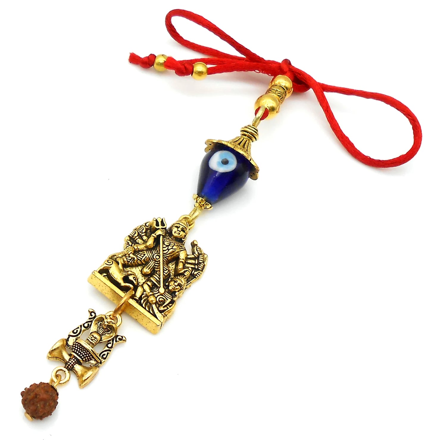 Durga, Hindu Goddess Durga & Shiva Evil Eye Protection Car Rear View Mirror Hanging-India Goddess Durga and Shiva Key Ring and Home Office