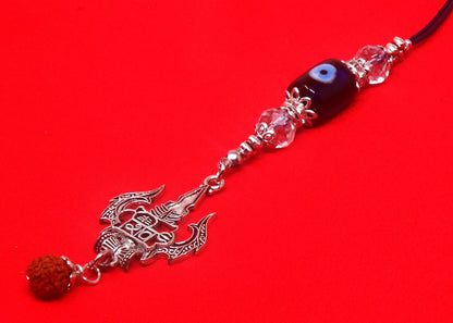 Lord Shiva Trishul Damroo & Rudraksha Evil Eye Hanging-Lord Shiva Trishul-Mahadev Trishul Pendant-Fabulous Antique Silver Door Knob Hanging