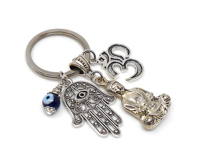 Buddha Keychain with Hamsa Hand & Om Charm, Spiritual and Protective Key Chain with Evil Eye Bead, Hamsa Hand Evil Eye Protection Accessors