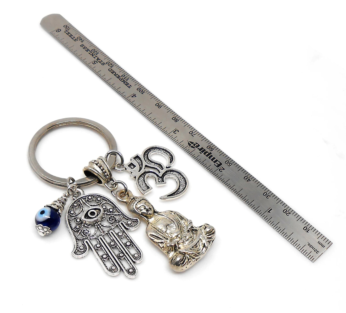 Buddha Keychain with Hamsa Hand & Om Charm, Spiritual and Protective Key Chain with Evil Eye Bead, Hamsa Hand Evil Eye Protection Accessors