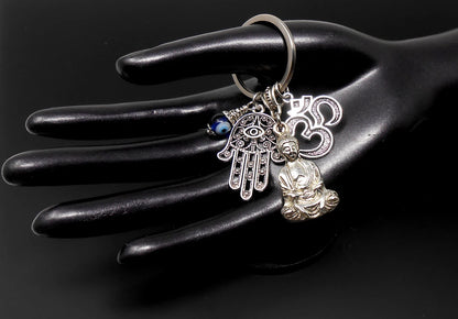 Buddha Keychain with Hamsa Hand & Om Charm, Spiritual and Protective Key Chain with Evil Eye Bead, Hamsa Hand Evil Eye Protection Accessors