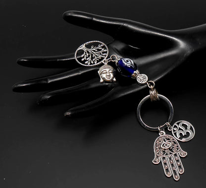 Evil Eye Protection Divine OM, Buddha, Hamsa & Tree Of Life Key Chain/ Key Ring for Good Luck, Car Hanging for Safe Travel and Protection