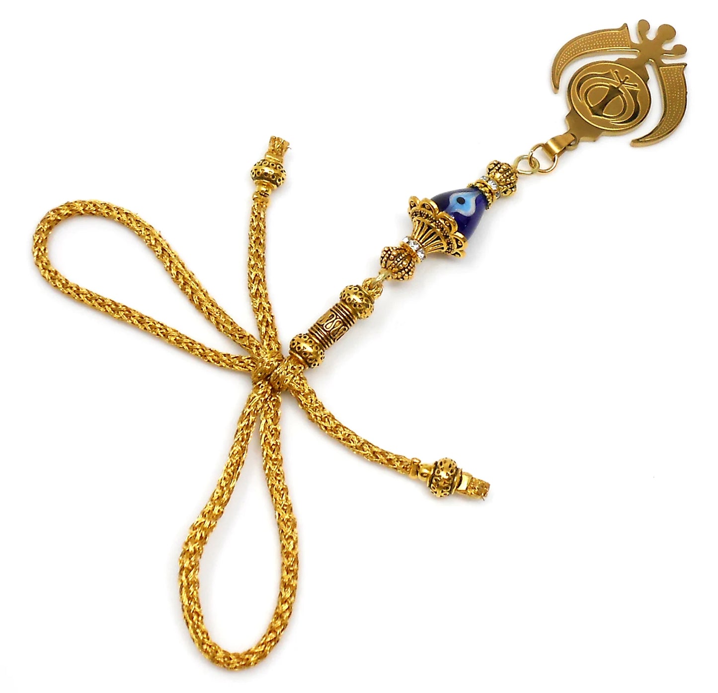Golden Khanda Car Hanging Ornament, Sikh Evil Eye Protection, Rearview Mirror Charm, Spiritual Vastu Amulet, Gold Plated Religious Decor