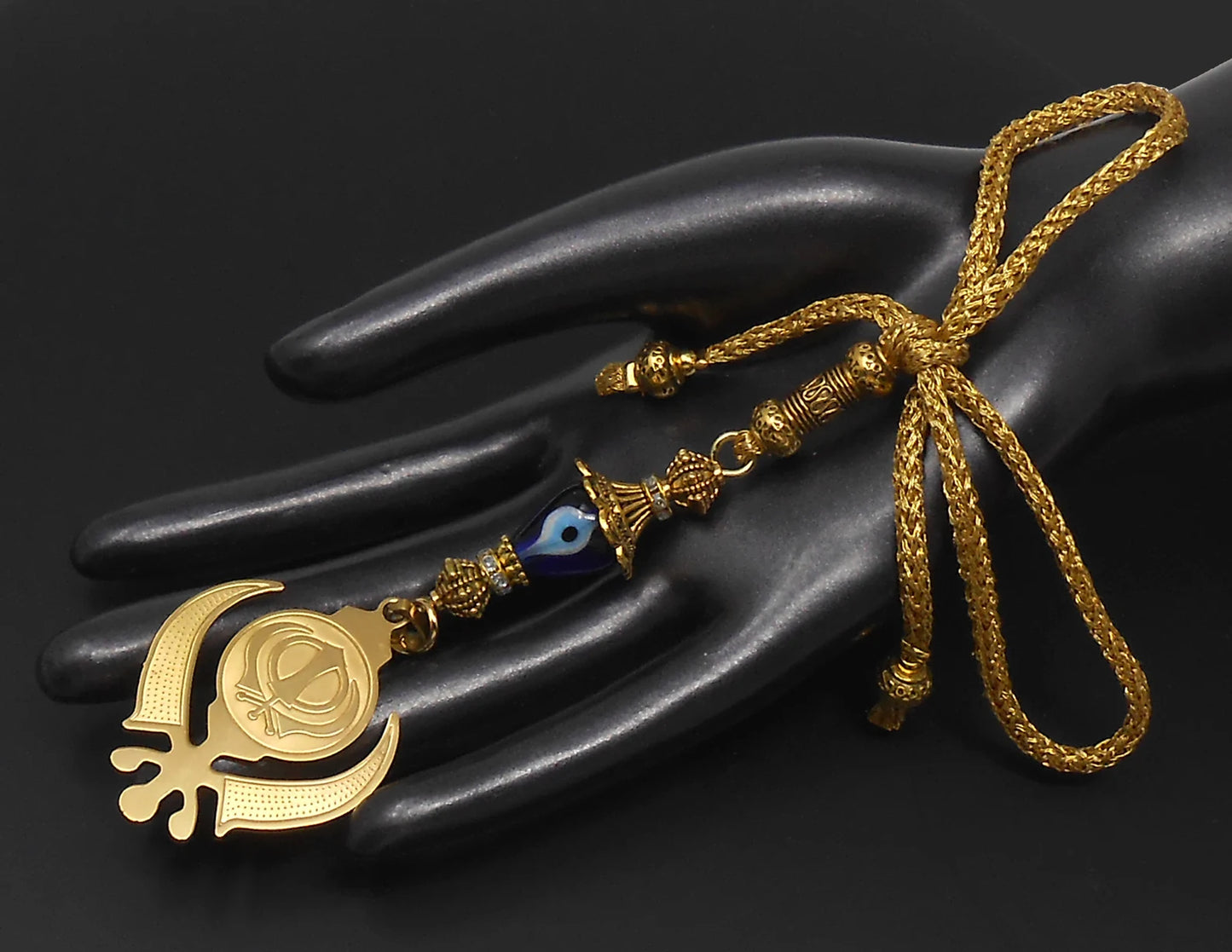 Golden Khanda Car Hanging Ornament, Sikh Evil Eye Protection, Rearview Mirror Charm, Spiritual Vastu Amulet, Gold Plated Religious Decor
