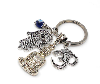 Buddha Keychain with Hamsa Hand & Om Charm, Spiritual and Protective Key Chain with Evil Eye Bead, Hamsa Hand Evil Eye Protection Accessors