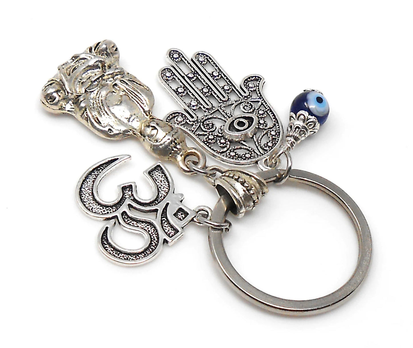 Buddha Keychain with Hamsa Hand & Om Charm, Spiritual and Protective Key Chain with Evil Eye Bead, Hamsa Hand Evil Eye Protection Accessors