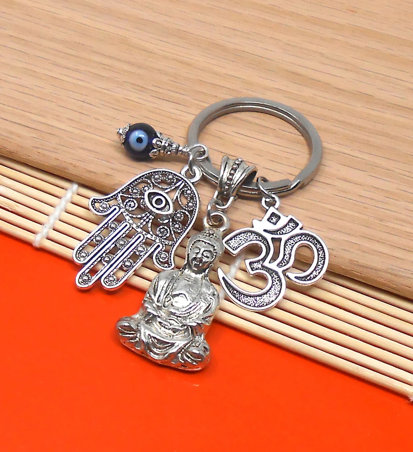 Buddha Keychain with Hamsa Hand & Om Charm, Spiritual and Protective Key Chain with Evil Eye Bead, Hamsa Hand Evil Eye Protection Accessors