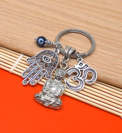 Buddha Keychain with Hamsa Hand & Om Charm, Spiritual and Protective Key Chain with Evil Eye Bead, Hamsa Hand Evil Eye Protection Accessors