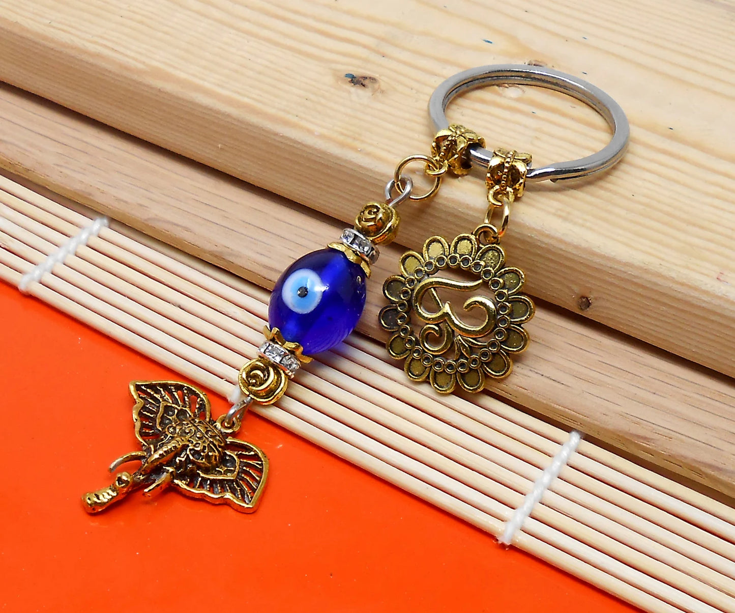 Evil Eye Protection OM & Lucky Elephant Key Ring- Car Rear View Mirror Accessories, Car Mirror Ornament, Tribal Car Charm, Gift for Diwali