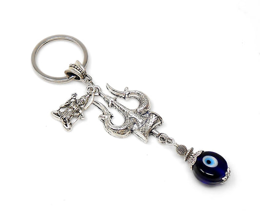 Lord Shiva Trishul & Shiva Cahrm and OM Evil Eye Protection Key Ring, Mahadeva Trishul Pendant Key Chain for Positive Vibes and Good Luck