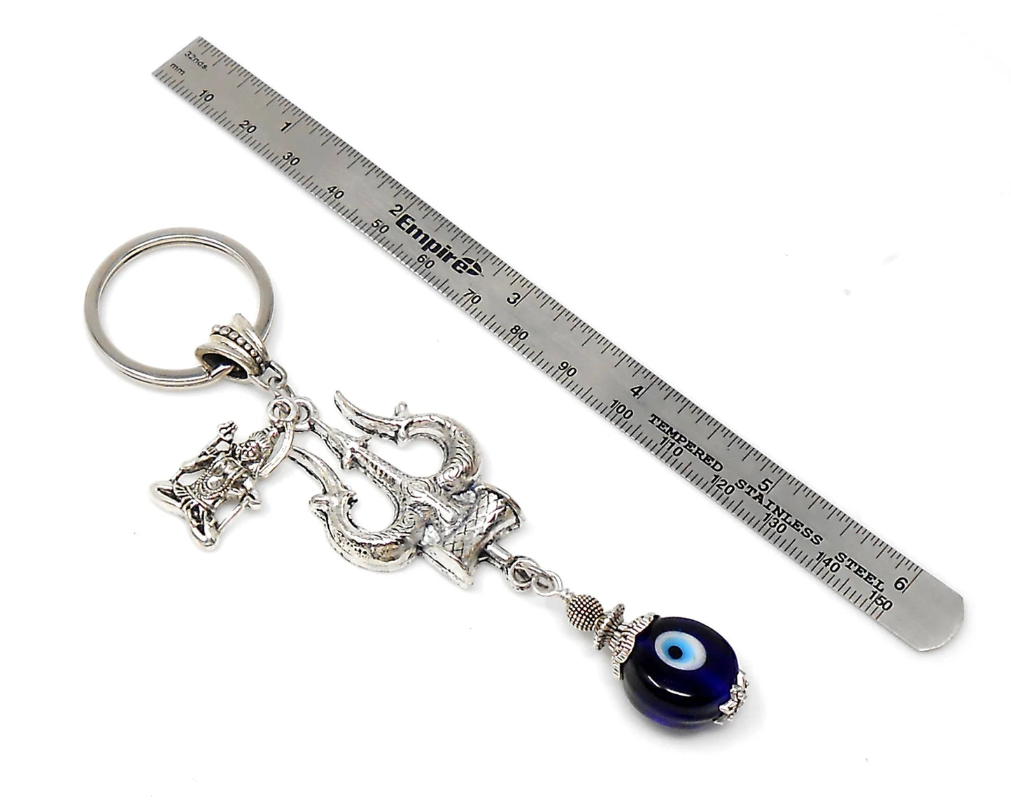 Lord Shiva Trishul & Shiva Cahrm and OM Evil Eye Protection Key Ring, Mahadeva Trishul Pendant Key Chain for Positive Vibes and Good Luck